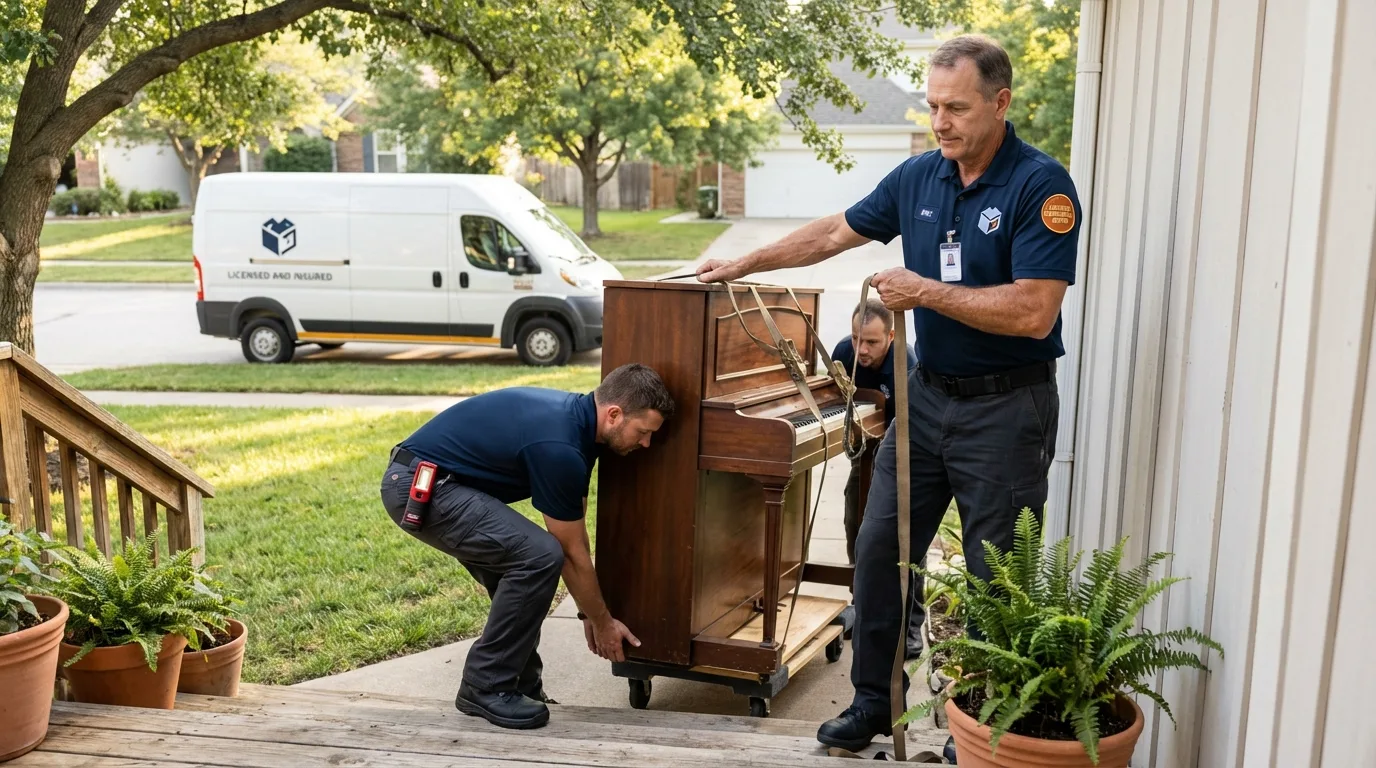 Licensed piano movers securing grand piano in Greensboro, AL