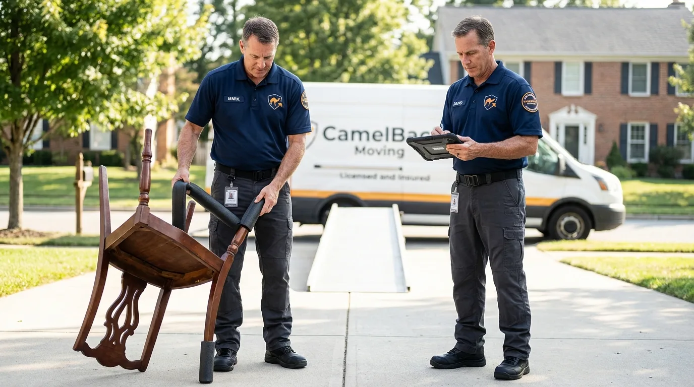 Movers inspecting furniture for damage prevention before loading in Greensboro, AL
