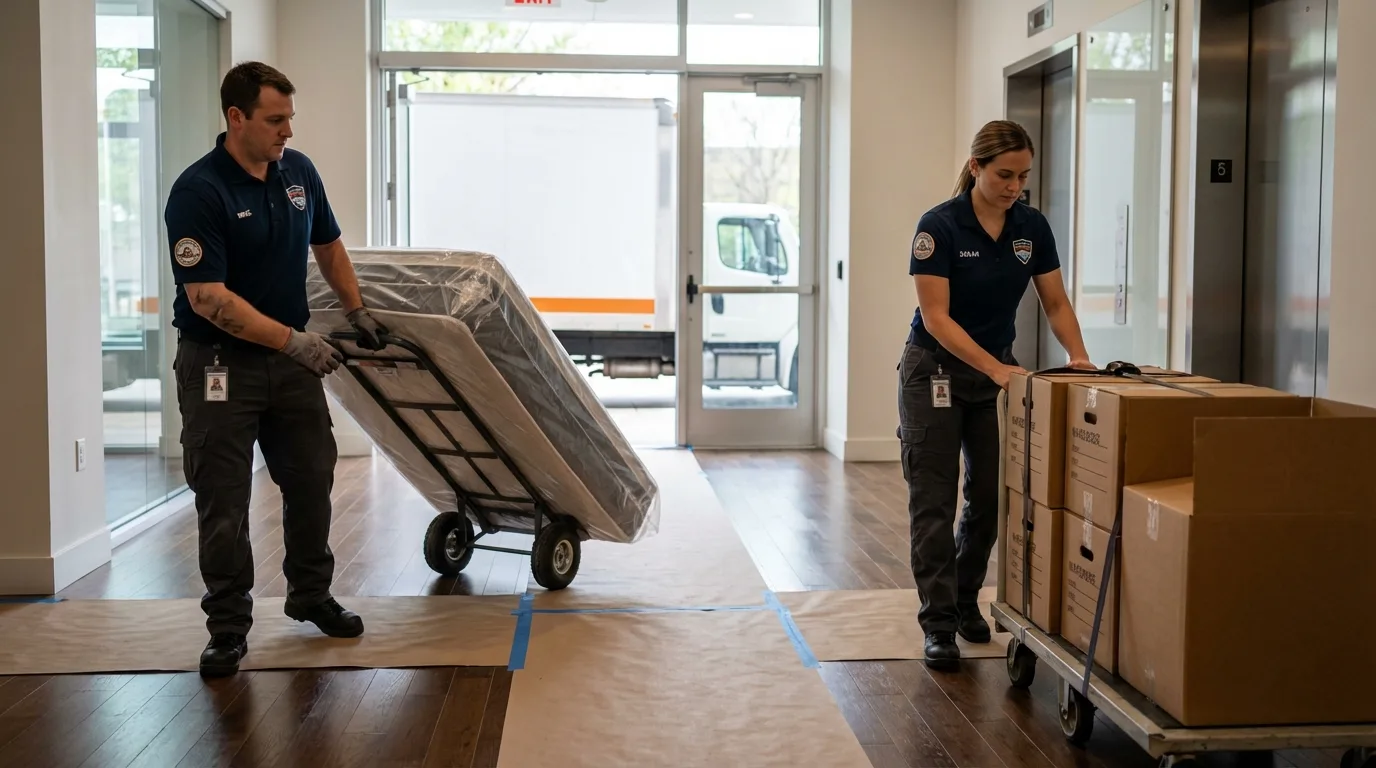 Professional apartment movers loading elevator in Greensboro, AL