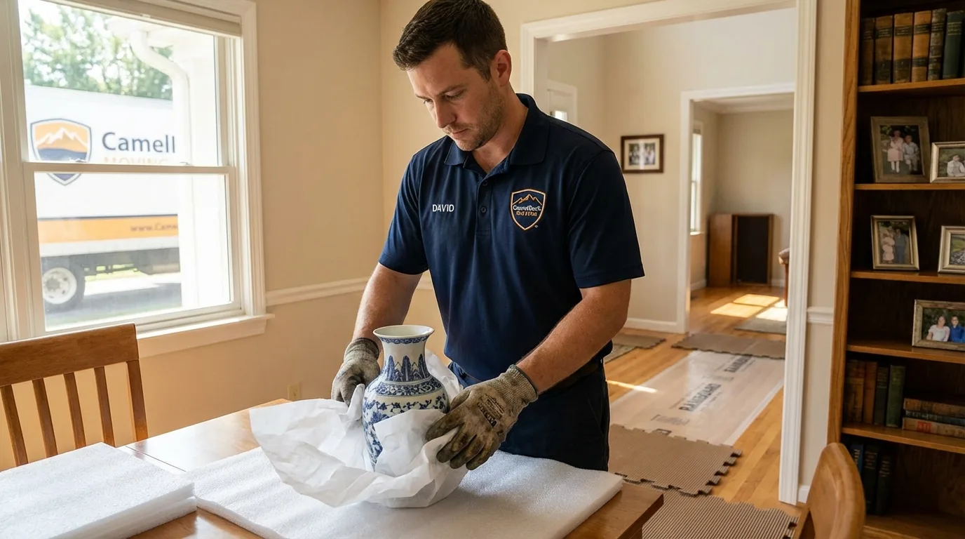 Professional crew carefully wrapping antique vase for senior downsizing move in Greensboro, AL